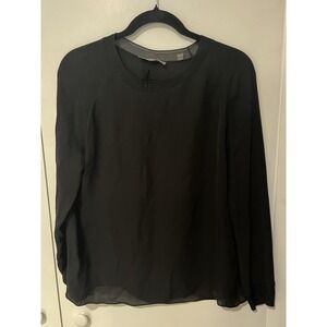 VINCE Women's‎ Size XS Black Rib Knit Trim Silk Chiffon Top Shirt Pullover